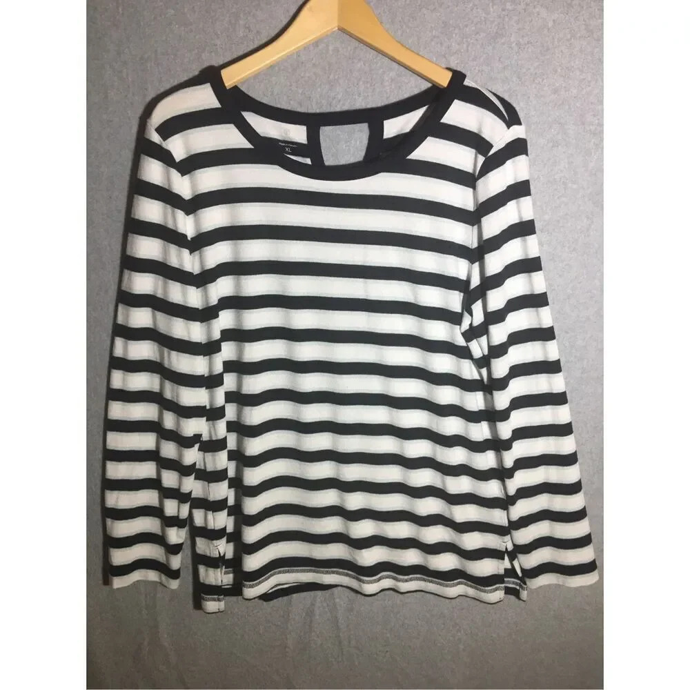 Womens T by Talbots Sweater Navy Blue White Striped Keyhole Back Scoop Neck